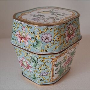 Antique Chinese Enameled Copper Floral Trinket Box